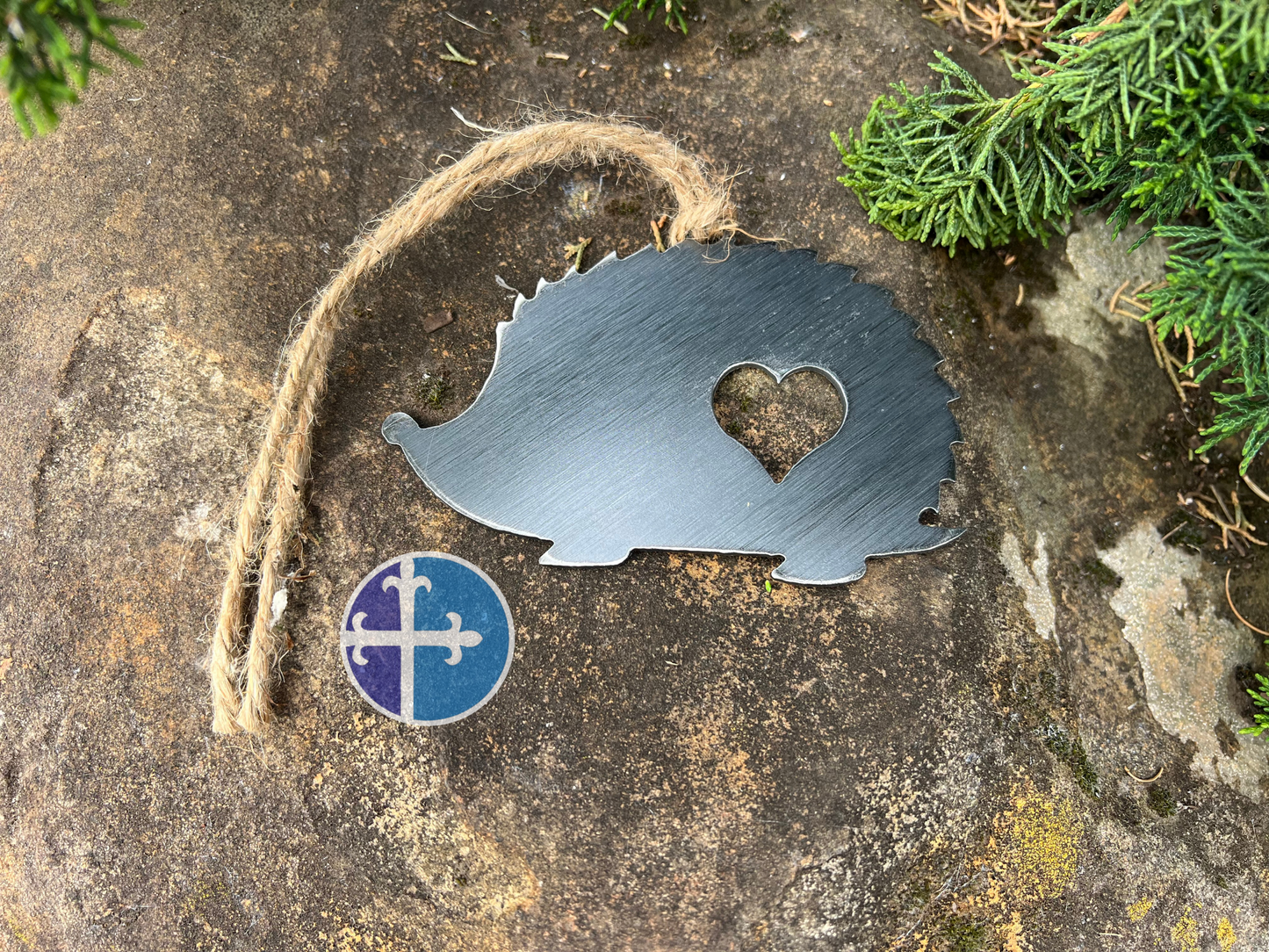 Rustic Hedgehog Steel Ornament with Heart Cutout - Farmhouse Animal Decor