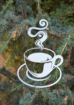 Load image into Gallery viewer, Enhance your home decor with a stunning hammered silver-painted steel cutout of a steaming coffee cup. This unique and elegant coffee-themed art piece will elevate your interior design, adding a touch of sophistication and warmth to your space.
