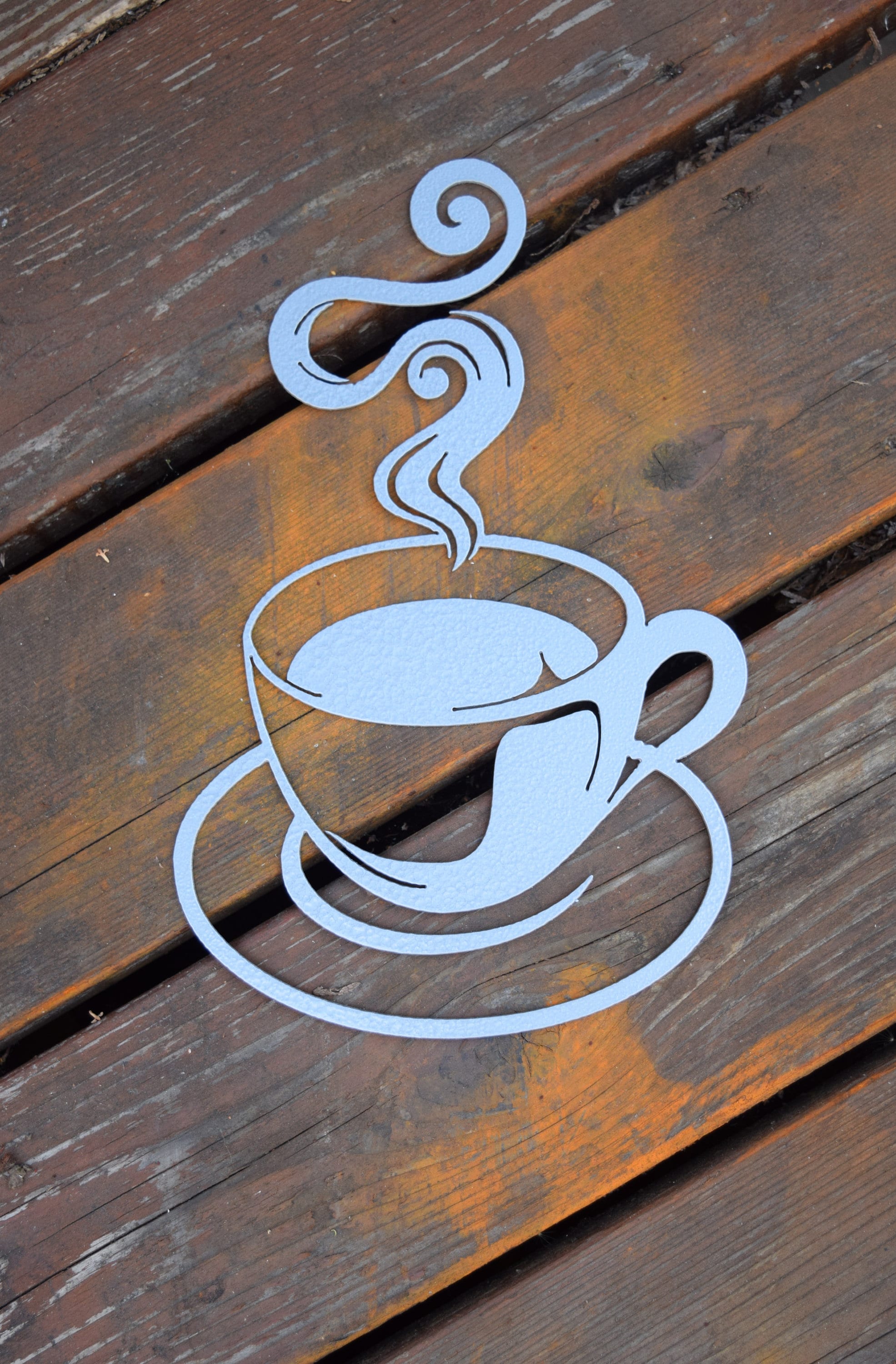 Stunning Hammered Silver Painted Steel Coffee Cup Cutout - Ideal Decor for Coffee Lovers, Shimmering Metallic Finish, Unique Coffee Art for Home or Café.
