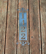 Load image into Gallery viewer, Vertical Metal Outdoor Home Address Sign End Flourish
