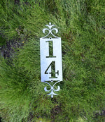 Load image into Gallery viewer, Mini-End Flourish Vertical Metal Address Sign
