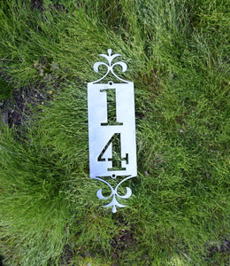 Mini-End Flourish Vertical Metal Address Sign