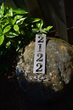 Load image into Gallery viewer, Vertical Metal Outdoor Home Address Sign End Flourish
