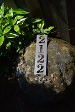 Load image into Gallery viewer, Vertical Metal Outdoor Home Address Sign End Flourish
