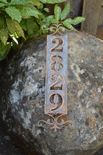 Load image into Gallery viewer, Vertical Metal Outdoor Home Address Sign End Flourish
