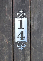 Load image into Gallery viewer, Mini-End Flourish Vertical Metal Address Sign
