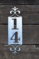 Load image into Gallery viewer, Mini-End Flourish Vertical Metal Address Sign
