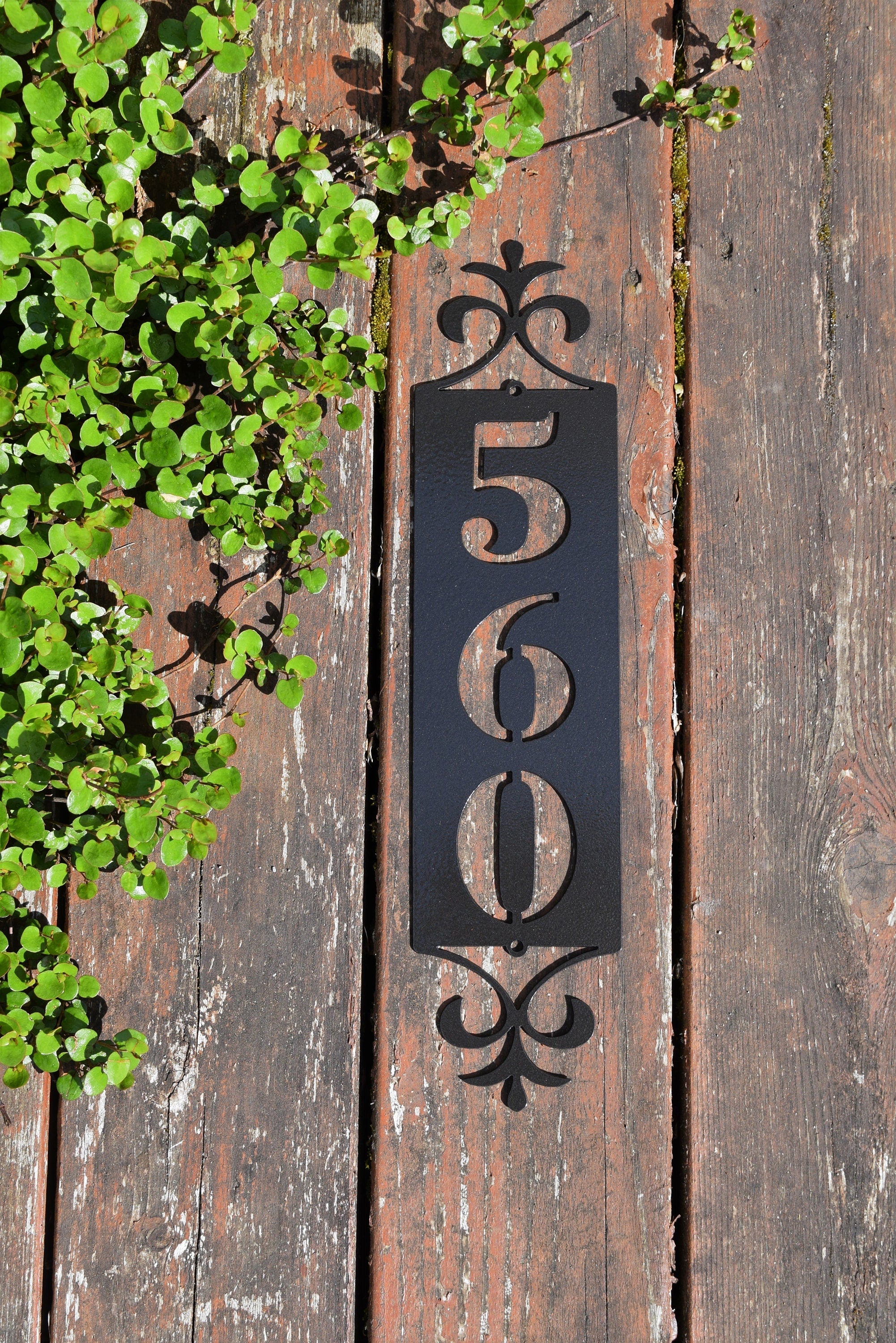 Mini-End Flourish Vertical Metal Address Sign