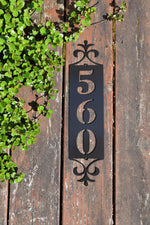 Load image into Gallery viewer, Mini-End Flourish Vertical Metal Address Sign
