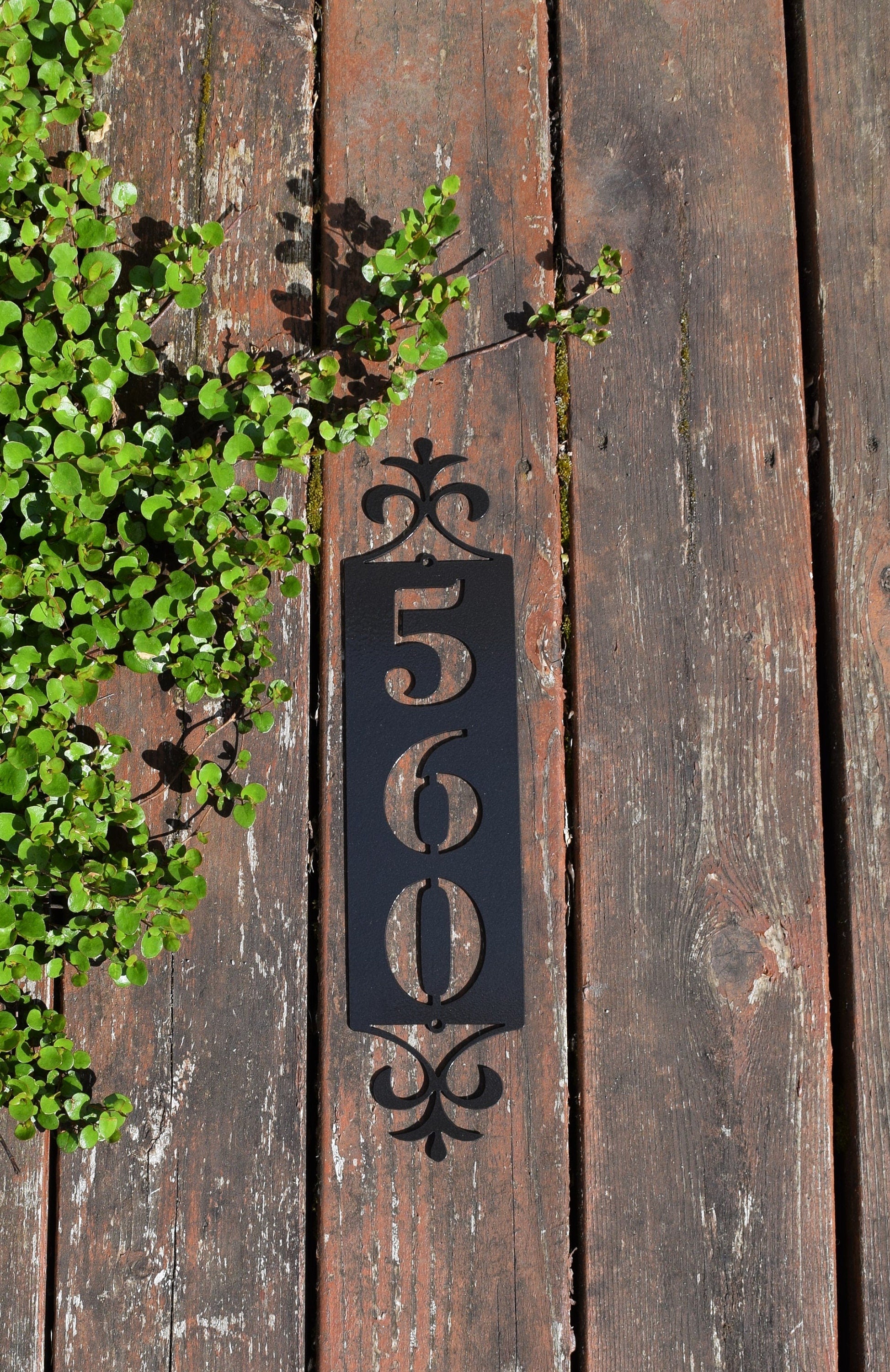 Mini-End Flourish Vertical Metal Address Sign