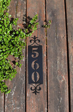 Load image into Gallery viewer, Mini-End Flourish Vertical Metal Address Sign
