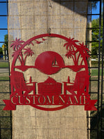 Load image into Gallery viewer, Palm Tree Sunset Personalized Monogram Metal Sign
